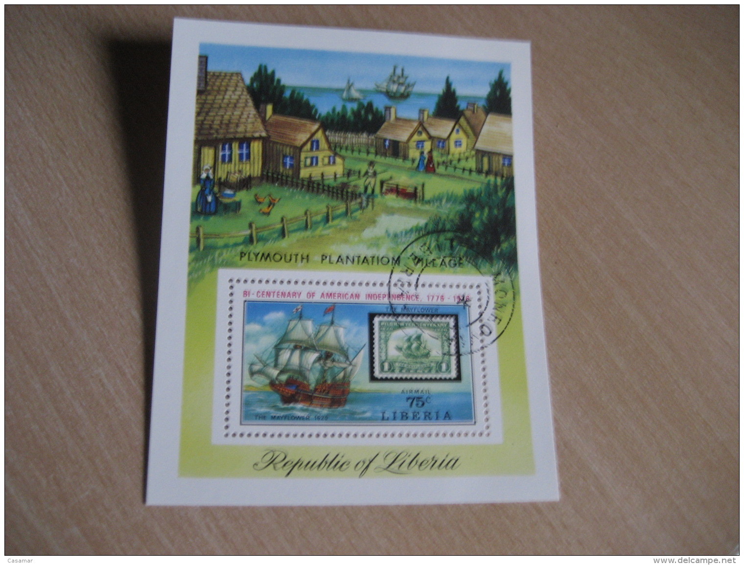 MONROVIA Liberia 1976 Cancel Yvert 75 Air Mail Bloc Plymouth Plantation Village Stamp On Stamp USA Bicentennial - Liberia