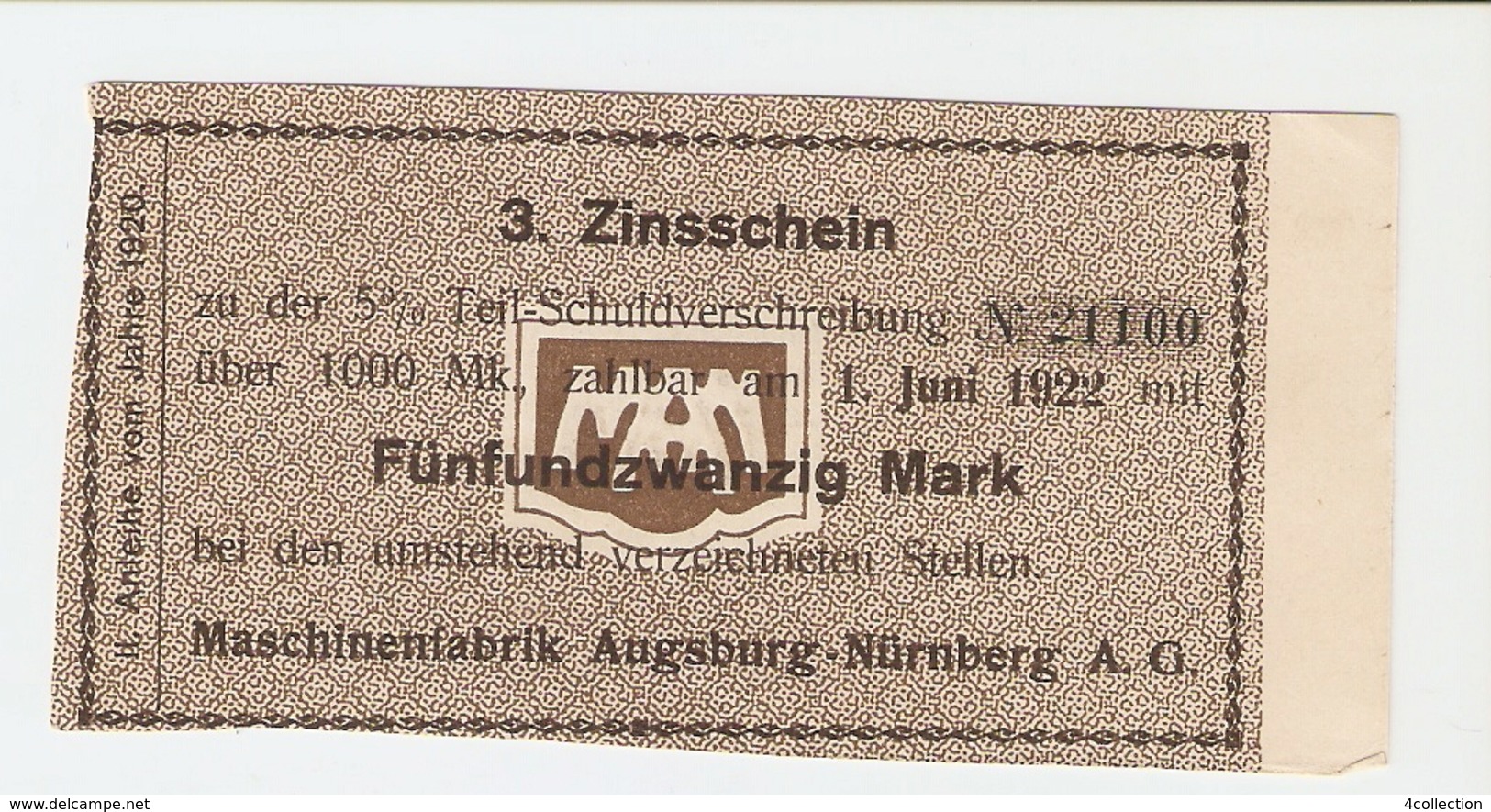 T. Germany 3. Zinsschein Maschinenfabrik Augsburg Nurnberg AG Coupon Kupon 1922 No. 21100 - Other & Unclassified