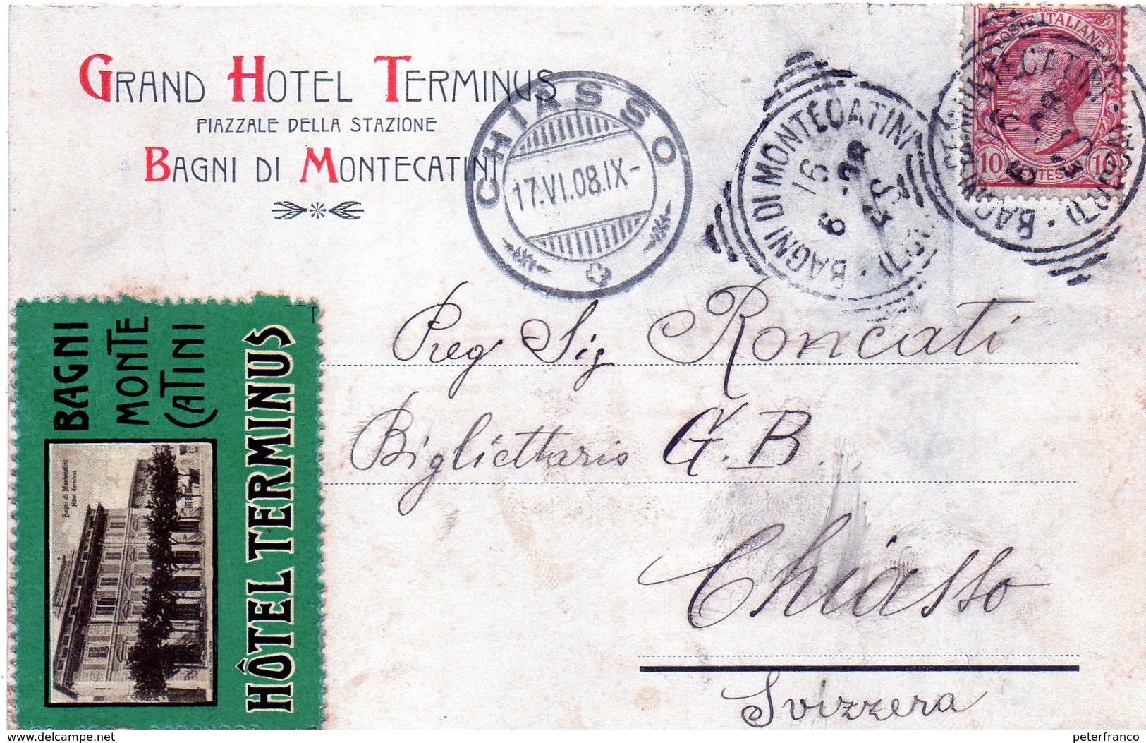 1908 Italia - Cartolina Postale Da Montecatini  Per Chiasso - Grand Hotel Terminus - Altri & Non Classificati