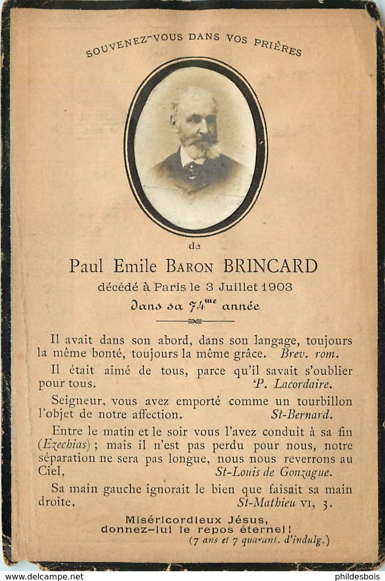 FAIRE PART ACTE DE DECES  Mr Paul Emile BARON BRINCARD - Décès