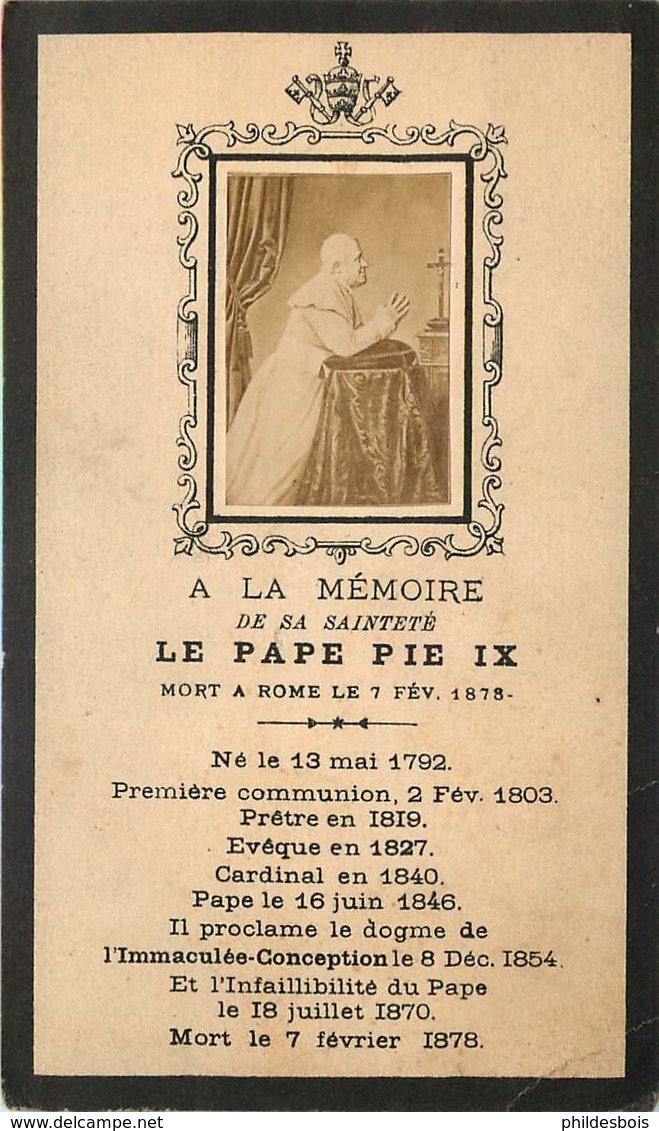 FAIRE PART ACTE DE DECES  Sainteté LE PAPE PIE IX Mort A Rome 1878 - Décès