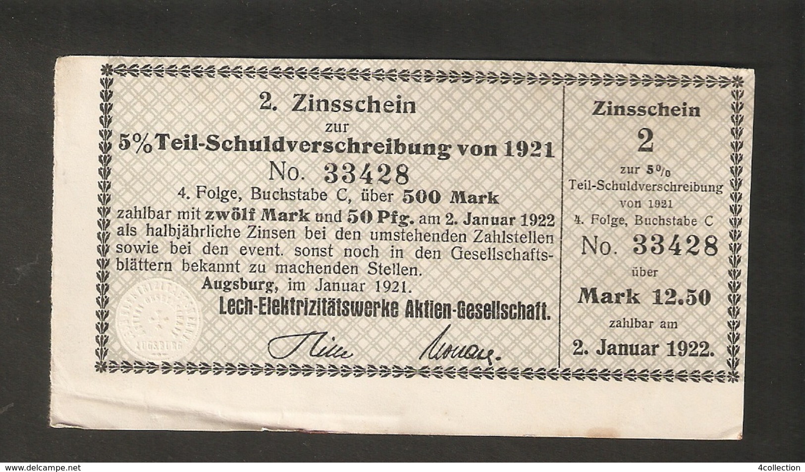 T. Germany 2. Zinsschein Lech Elektrizitatswerke Aktien Gesellschaft Coupon Kupon 1921 - 1922 No. 33428 Watermark - Other & Unclassified