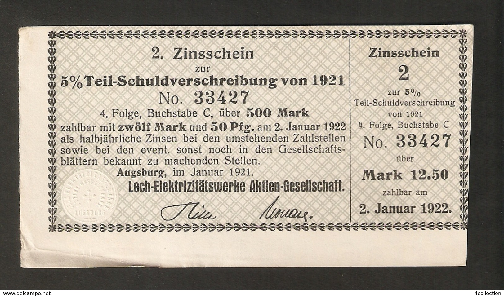 T. Germany 2. Zinsschein Lech Elektrizitatswerke Aktien Gesellschaft Coupon Kupon 1921 - 1922 No. 33427 Watermark - Other & Unclassified