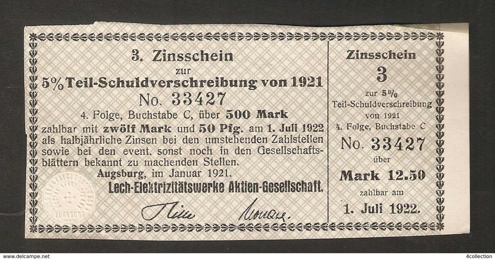 T. Germany 3. Zinsschein Lech Elektrizitatswerke Aktien Gesellschaft Coupon Kupon 1921 - 1922 No. 33427 Watermark - Other & Unclassified