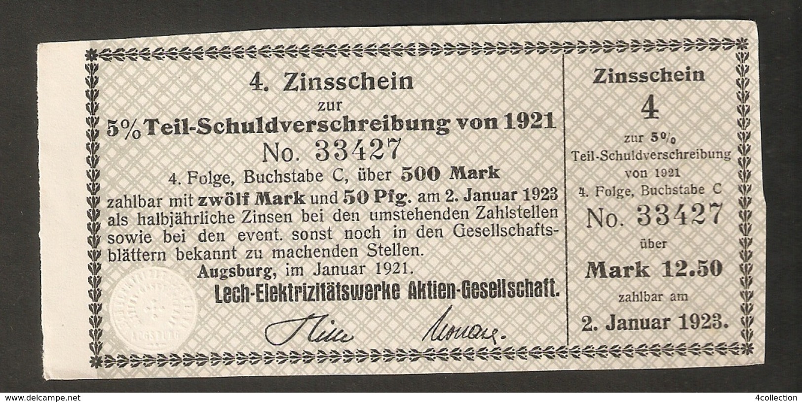 T. Germany 4. Zinsschein Lech Elektrizitatswerke AG Coupon Kupon 1921 - 1922 No. 33427 Watermark - Other & Unclassified