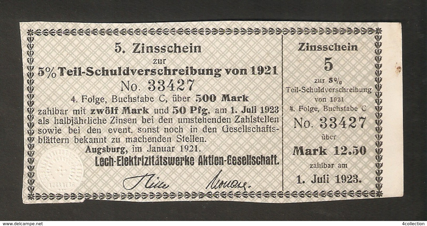 T. Germany 5. Zinsschein Lech Elektrizitatswerke AG Coupon Kupon 1921 - 1922 No. 33427 Watermark - Other & Unclassified