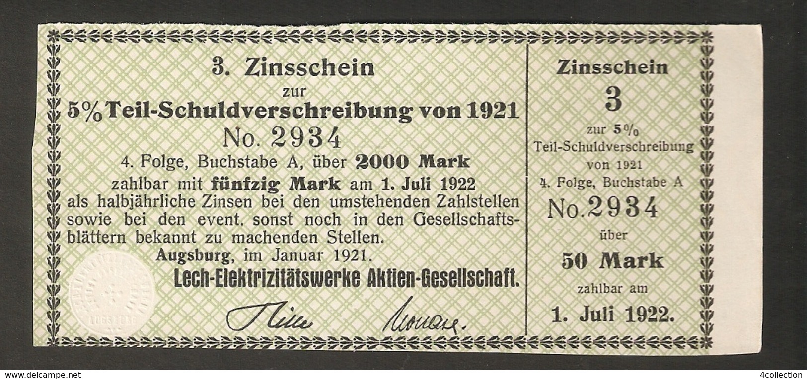 T. Germany 3. Zinsschein Lech Elektrizitatswerke AG Coupon Kupon 1921 - 1922 No. 2934 Watermark - Other & Unclassified