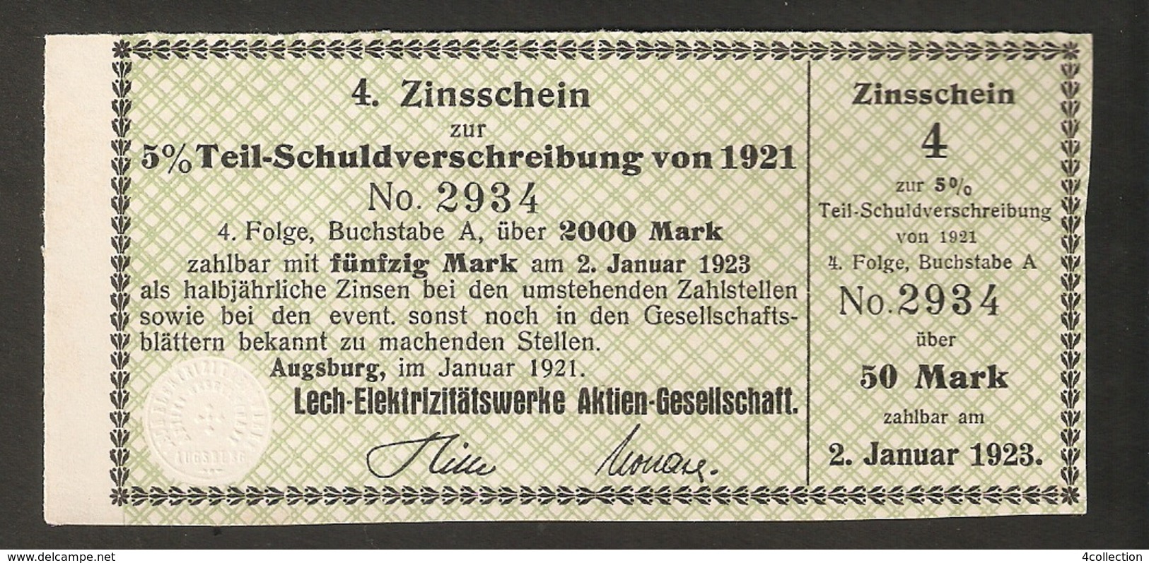 T. Germany 4. Zinsschein Lech Elektrizitatswerke AG Coupon Kupon 1921 - 1923 No. 2934 Watermark - Other & Unclassified