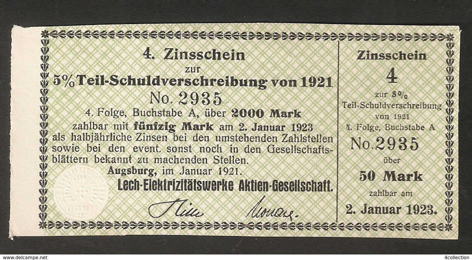 T. Germany 4. Zinsschein Lech Elektrizitatswerke AG Coupon Kupon 1921 - 1923 No. 2935 Watermark - Other & Unclassified