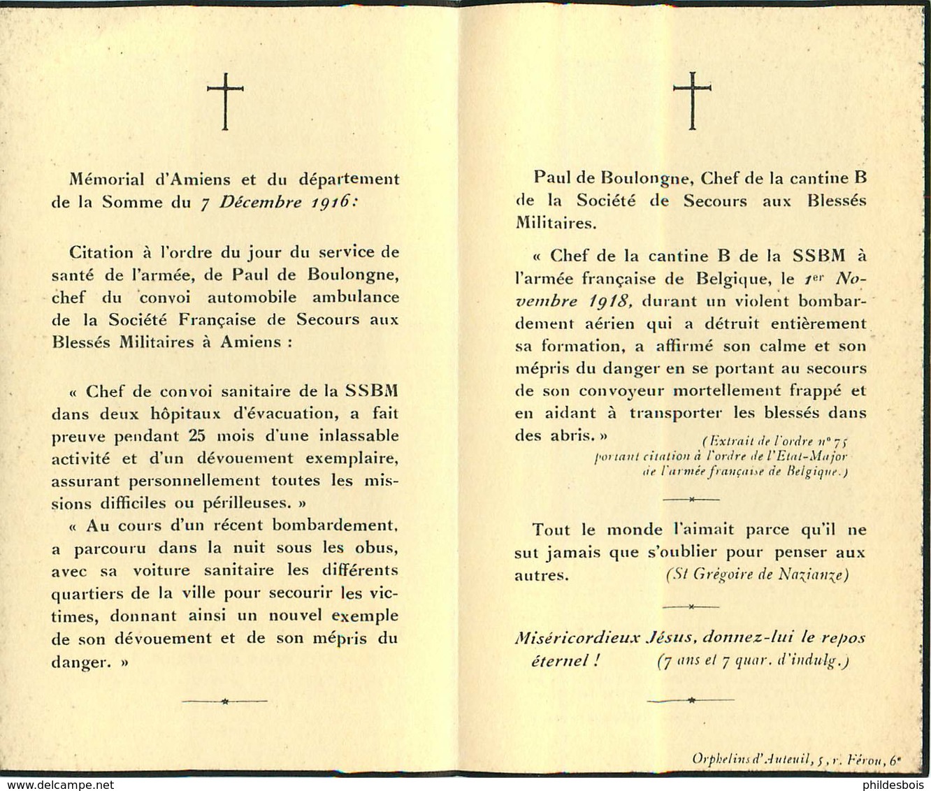 FAIRE PART ACTE DE DECES  Paul De BOULONGNE Croix De Guerre - Décès