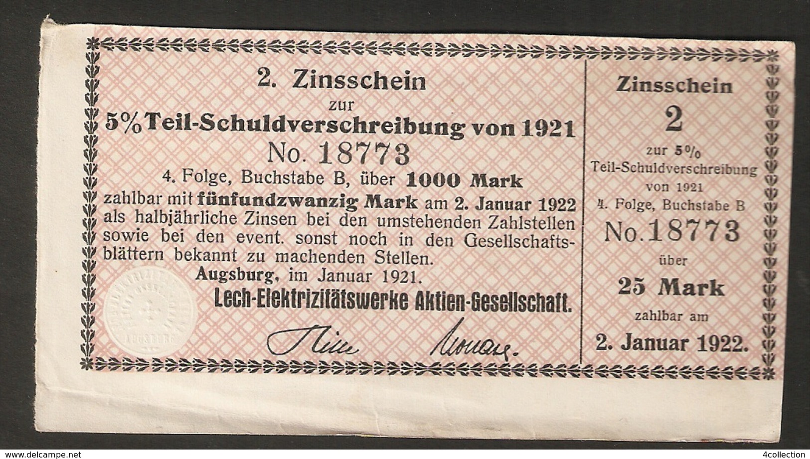 T. Germany 2. Zinsschein Lech Elektrizitatswerke AG Coupon Kupon 1921 - 1922 No. 18773 Watermark - Other & Unclassified