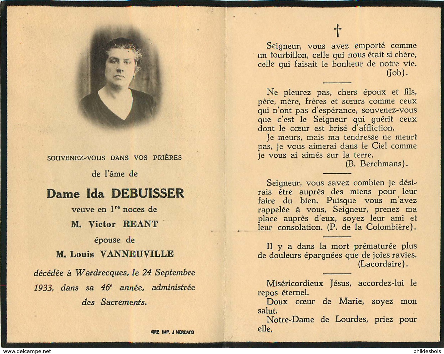 FAIRE PART ACTE DE DECES  Dame Ida DEBUISSER - Décès