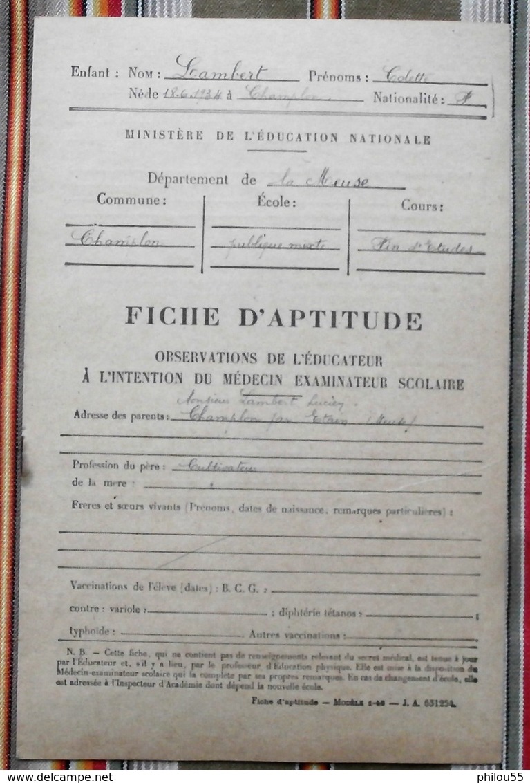 55 CHAMPLON Par ETAIN Fiche D'Aptitude C. Lambert 1947 - 48 Fin D'Etudes - Diplômes & Bulletins Scolaires