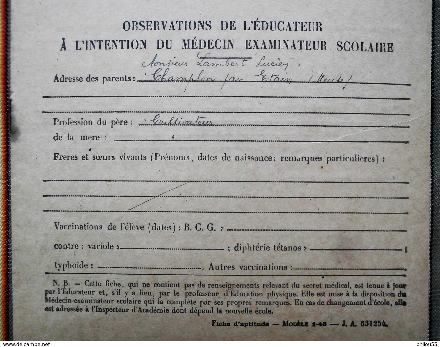 55 CHAMPLON Par ETAIN Fiche D'Aptitude C. Lambert 1947 - 48 Fin D'Etudes - Diplômes & Bulletins Scolaires