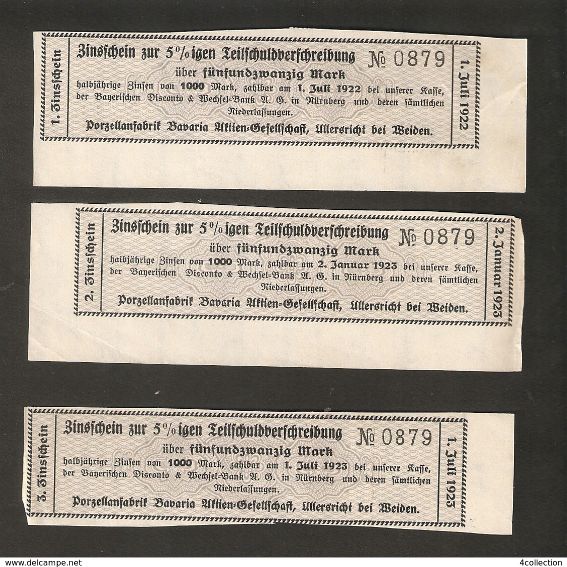 T. Germany 3psc. X Zinsschein Porzellanfabrik Bavaria Coupon Kupon 1923 No. 0879 Watermark - Other & Unclassified