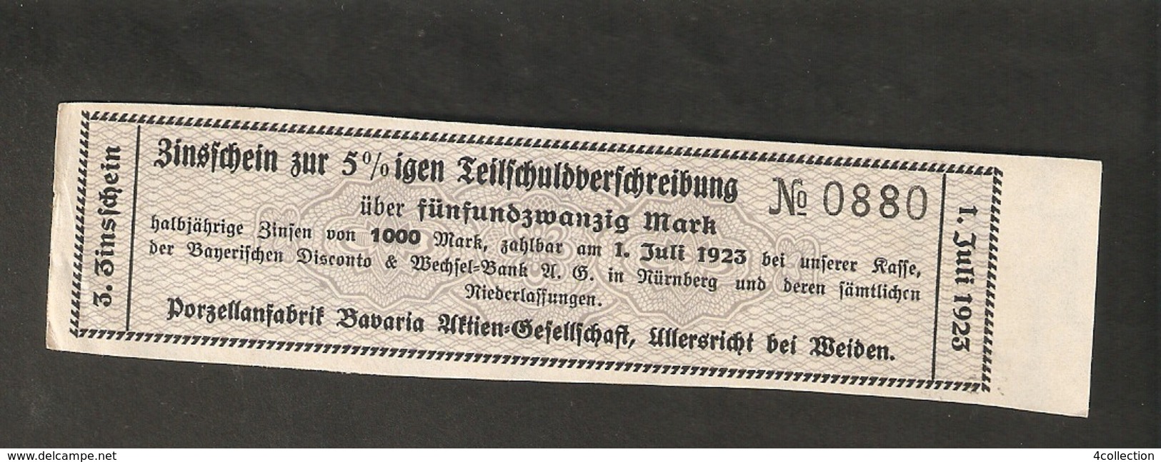 T. Germany 3. Zinsschein Porzellanfabrik Bavaria Coupon Kupon 1923 No. 0880 Watermark - Other & Unclassified
