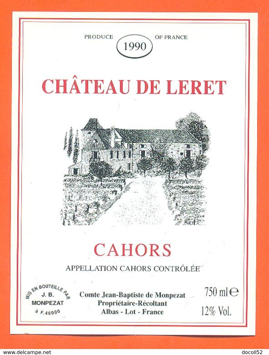 étiquette Vin De Cahors Chateau De Leret 1990 De Monpezat à Albas - 75 Cl - Cahors