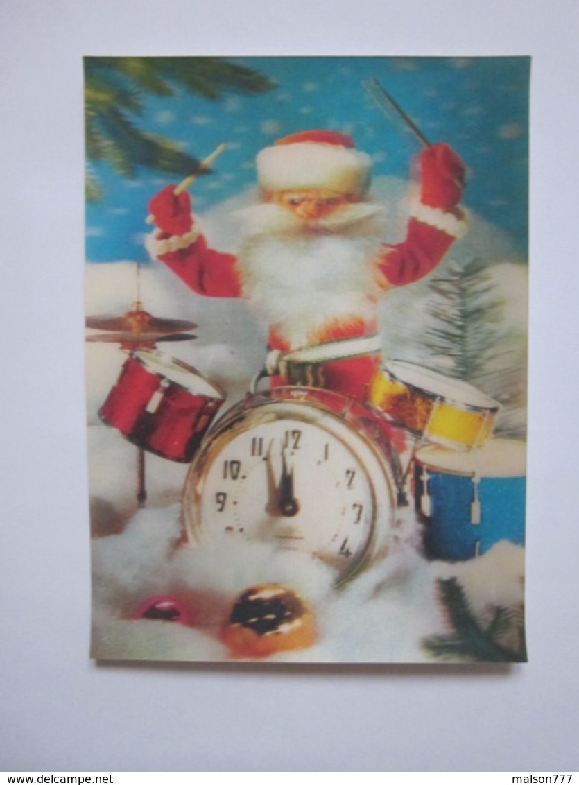 3d Lenticular Postcard Stereo Santa Claus Drums New Year - Cartoline Stereoscopiche