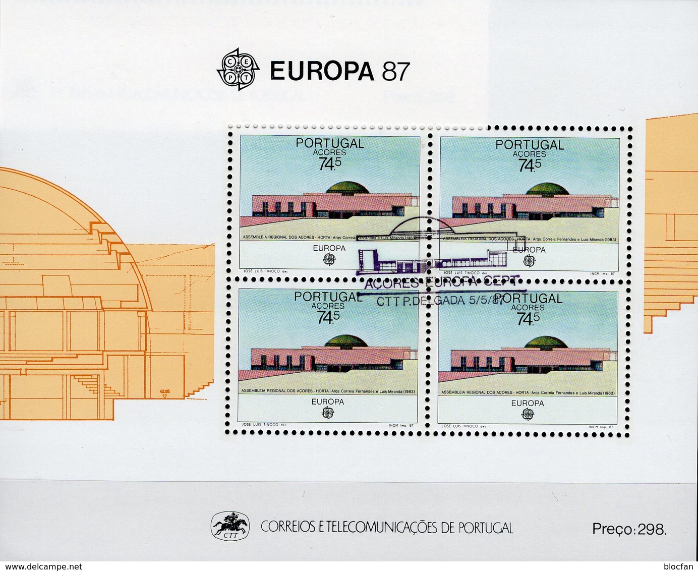 EUROPA 1987 Azoren Block 8 O 10€ Architektur Parlament Horta Hojita S/s Bloc M/s Architectur Sheet CEPT Bf Portugal - Açores