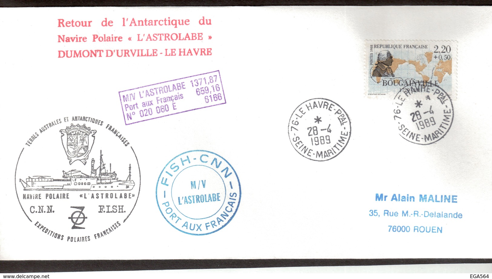 E44 - TAAF - Timbre France Du 28.4.1989Le Havre - Retour De L'ANTARCTIQUE De " L' ASTROLABE " - Lettres & Documents