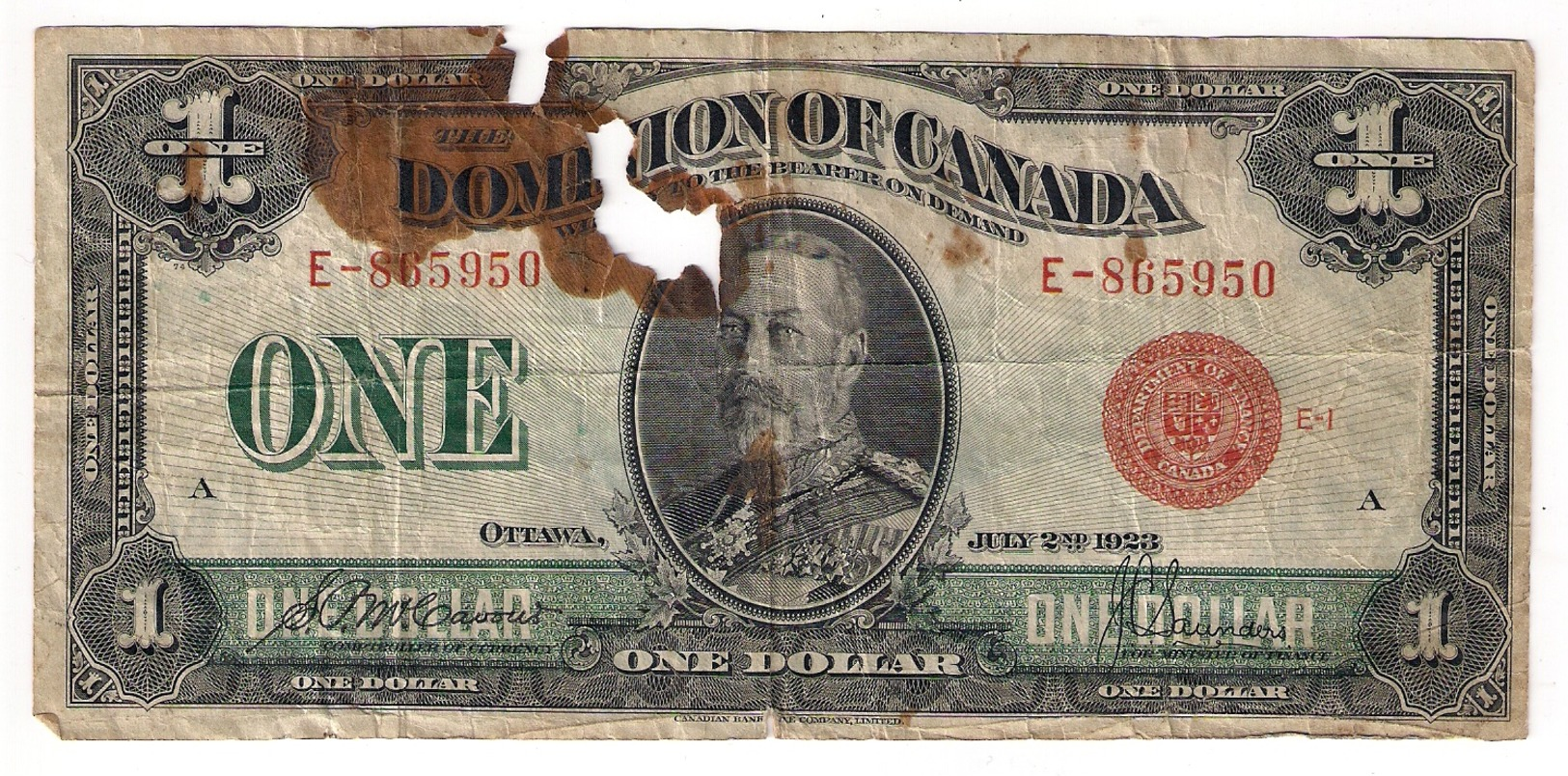 Canada  :   Billet  1  Dollar  1923... - Canada