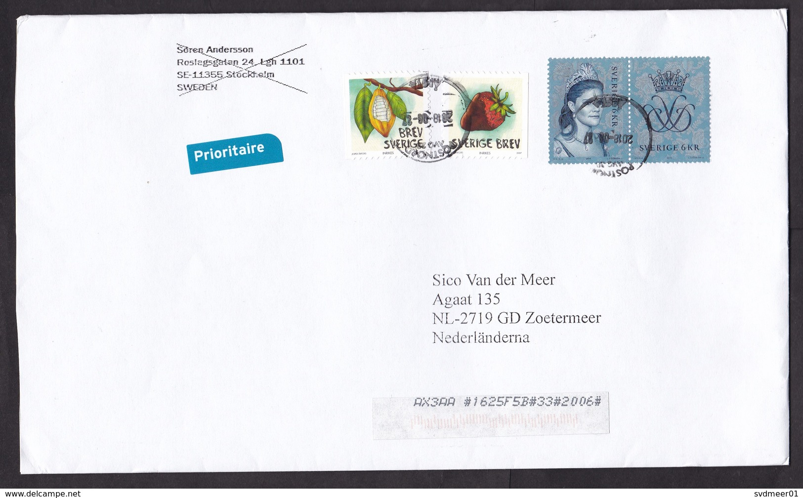 Sweden: Cover To Netherlands, 2018, 5 Stamps, Princess, Royalty, Fruit, Small Priority Label (tape At Back) - Cartas & Documentos