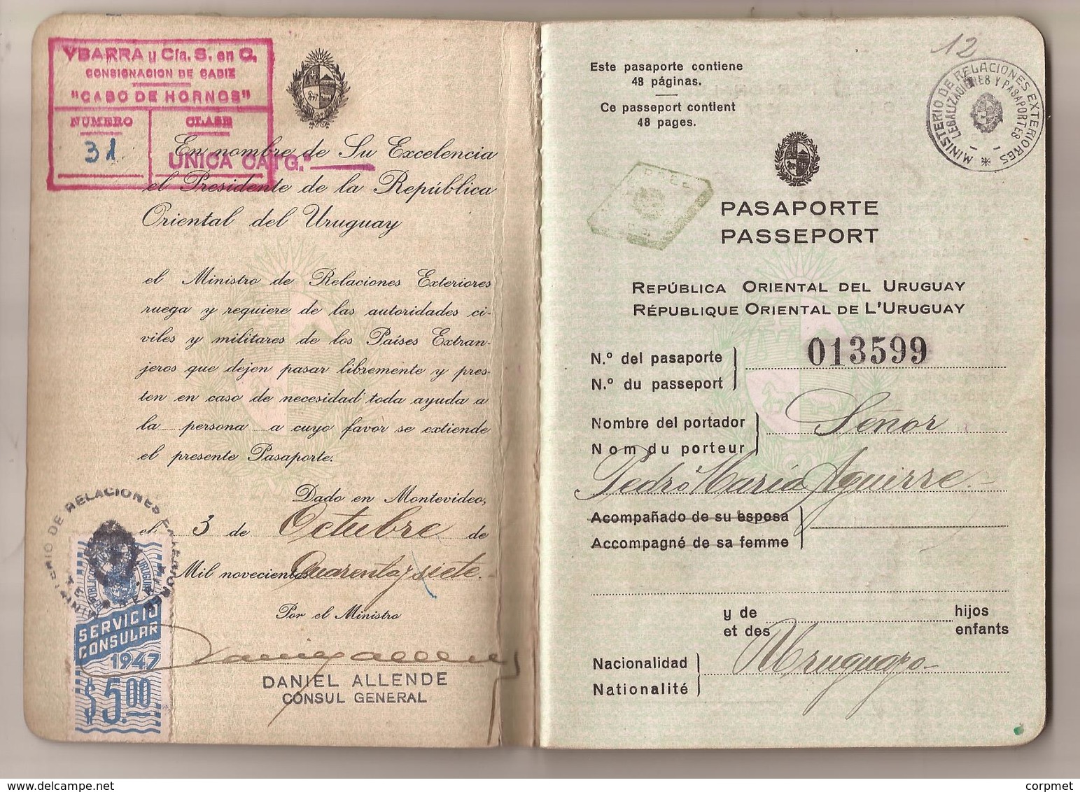 URUGUAY 1947 PASSPORT- PASSEPORT -multiple VISAS And STAMPS - Includes US, BRITISH, FRENCH Zone Of GERMANY Visas+revenue - Historical Documents