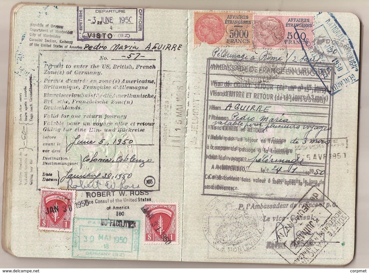 URUGUAY 1947 PASSPORT- PASSEPORT -multiple VISAS And STAMPS - Includes US, BRITISH, FRENCH Zone Of GERMANY Visas+revenue - Historical Documents