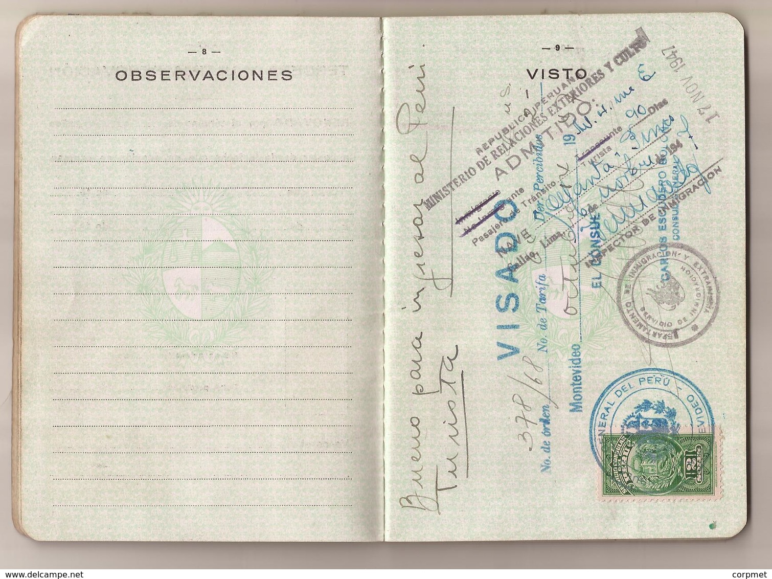 URUGUAY 1947 PASSPORT- PASSEPORT -multiple VISAS and STAMPS - includes US, BRITISH, FRENCH zone of GERMANY visas+revenue