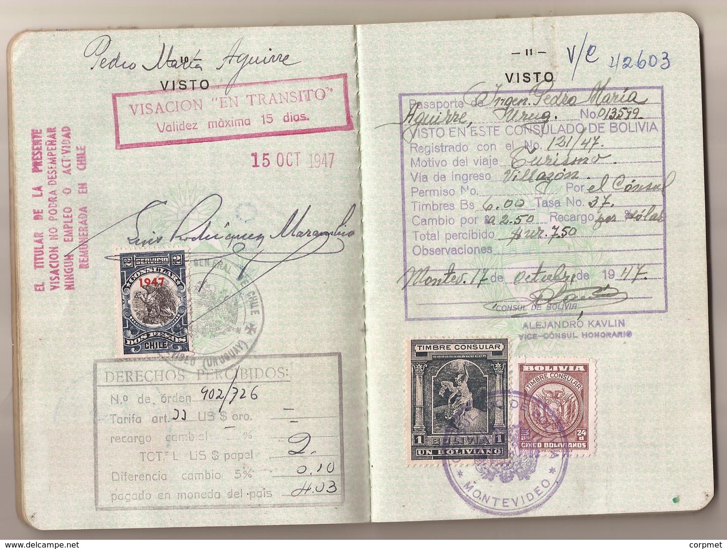 URUGUAY 1947 PASSPORT- PASSEPORT -multiple VISAS and STAMPS - includes US, BRITISH, FRENCH zone of GERMANY visas+revenue