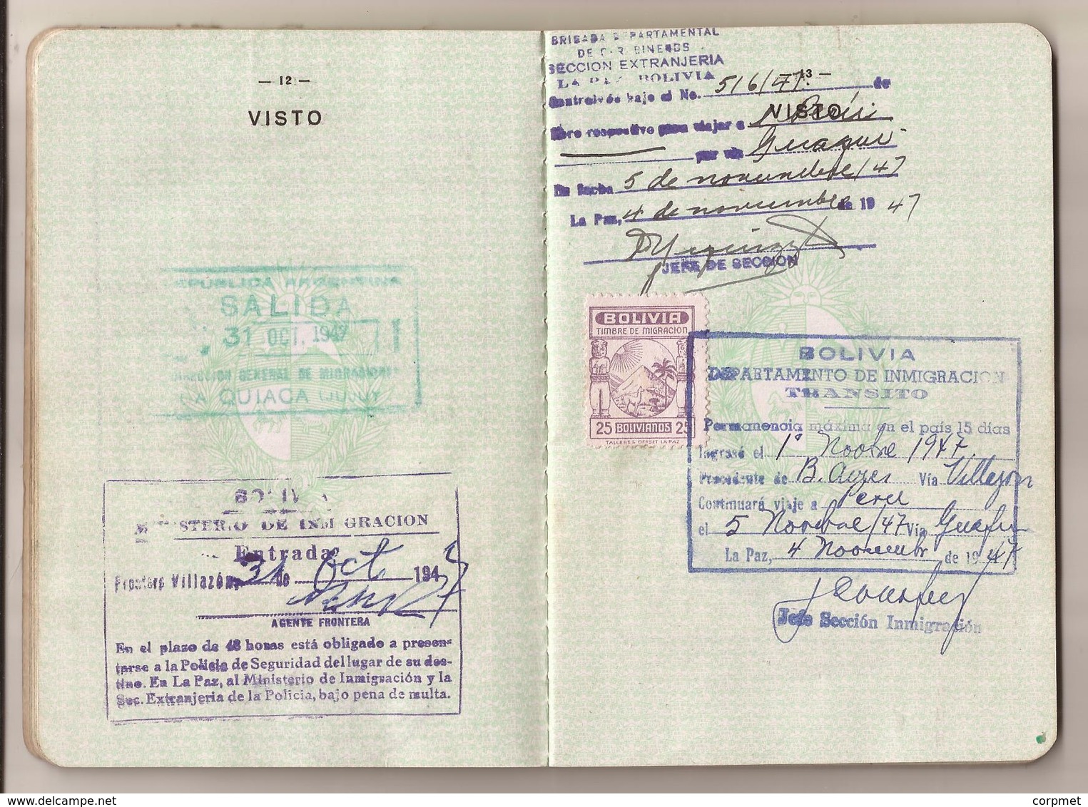 URUGUAY 1947 PASSPORT- PASSEPORT -multiple VISAS and STAMPS - includes US, BRITISH, FRENCH zone of GERMANY visas+revenue