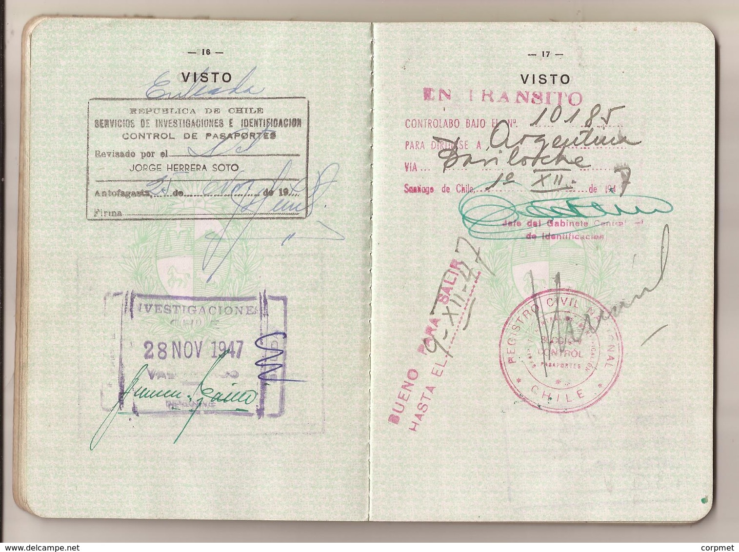 URUGUAY 1947 PASSPORT- PASSEPORT -multiple VISAS and STAMPS - includes US, BRITISH, FRENCH zone of GERMANY visas+revenue