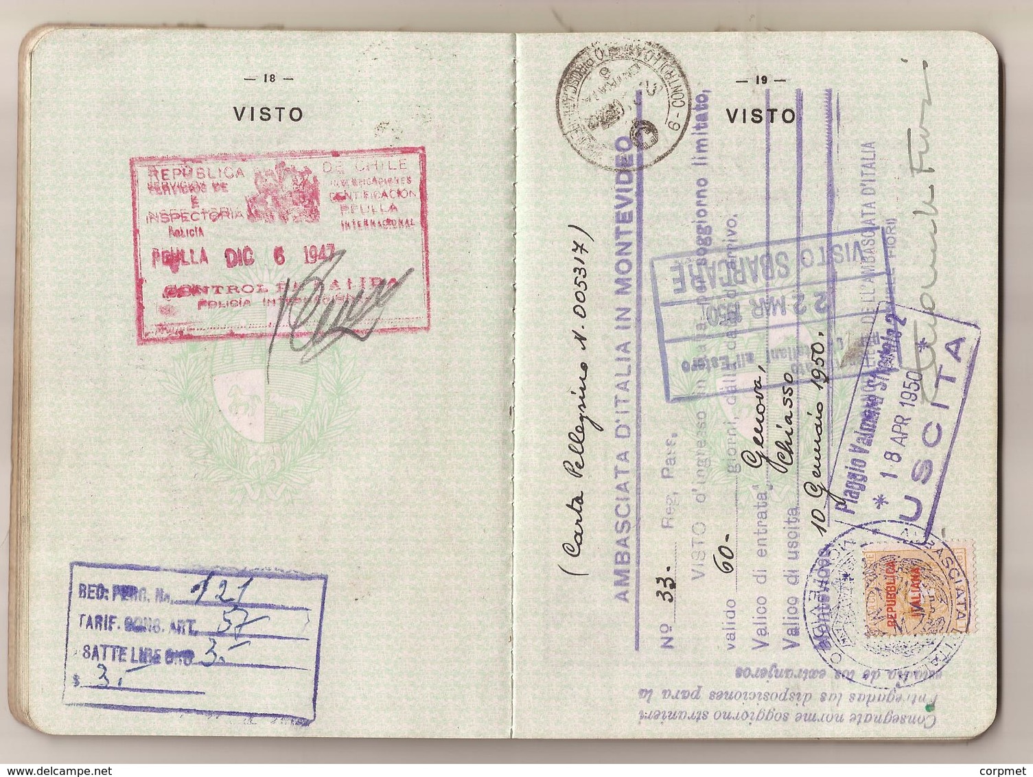 URUGUAY 1947 PASSPORT- PASSEPORT -multiple VISAS and STAMPS - includes US, BRITISH, FRENCH zone of GERMANY visas+revenue