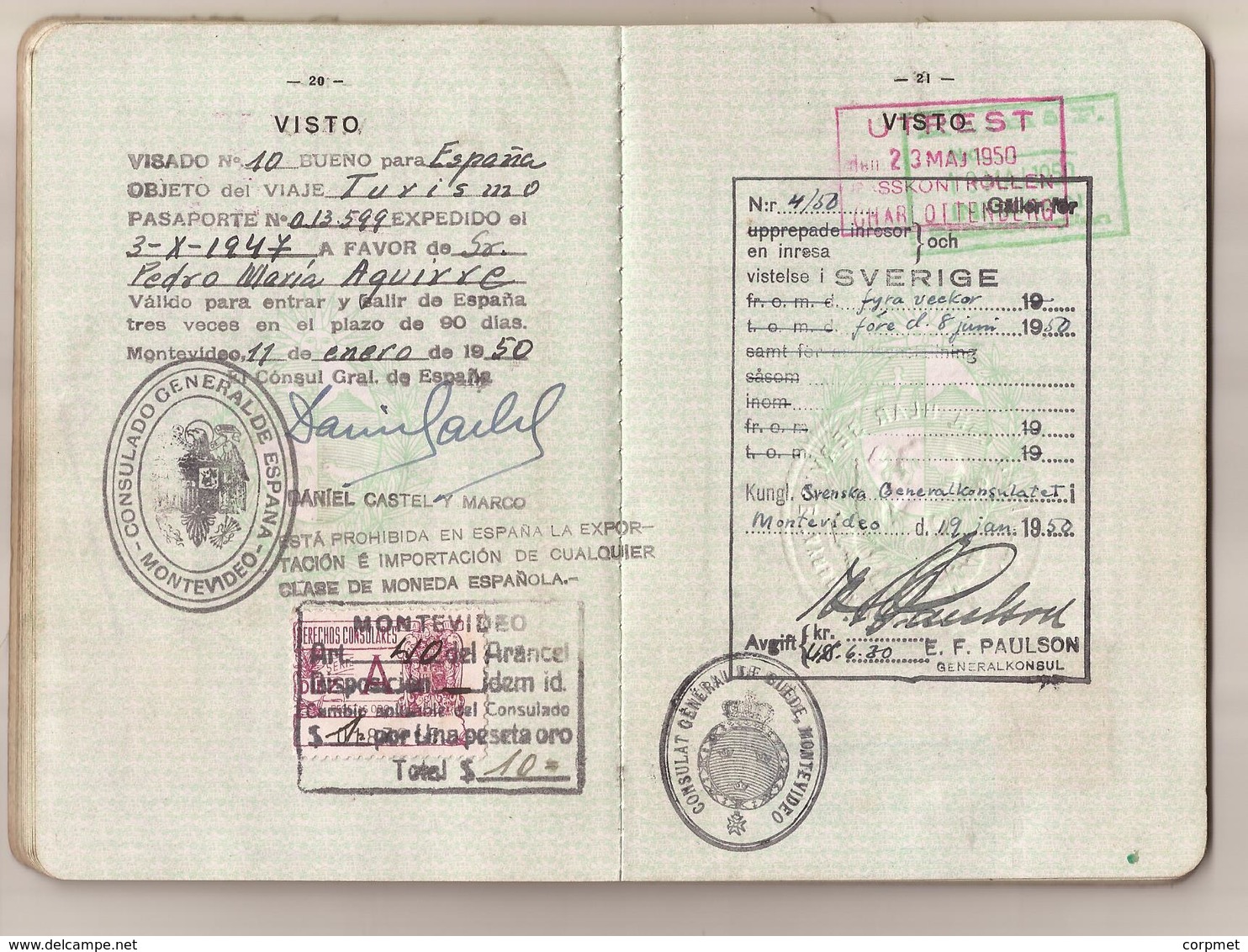 URUGUAY 1947 PASSPORT- PASSEPORT -multiple VISAS and STAMPS - includes US, BRITISH, FRENCH zone of GERMANY visas+revenue