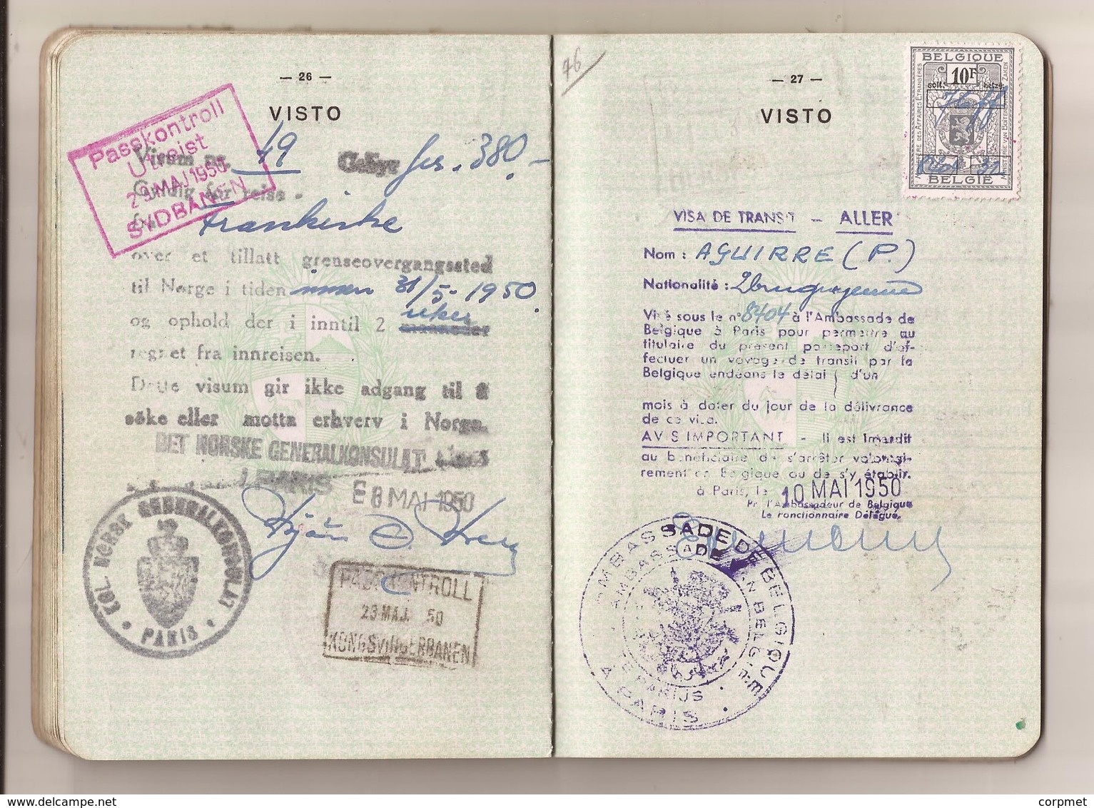 URUGUAY 1947 PASSPORT- PASSEPORT -multiple VISAS and STAMPS - includes US, BRITISH, FRENCH zone of GERMANY visas+revenue