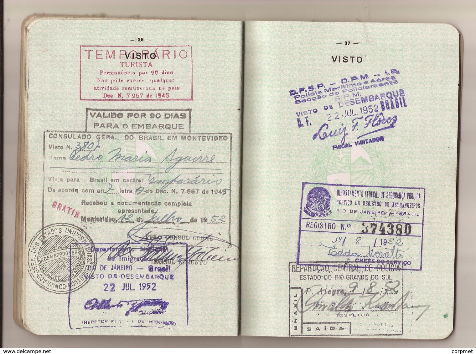 URUGUAY 1947 PASSPORT- PASSEPORT -multiple VISAS and STAMPS - includes US, BRITISH, FRENCH zone of GERMANY visas+revenue