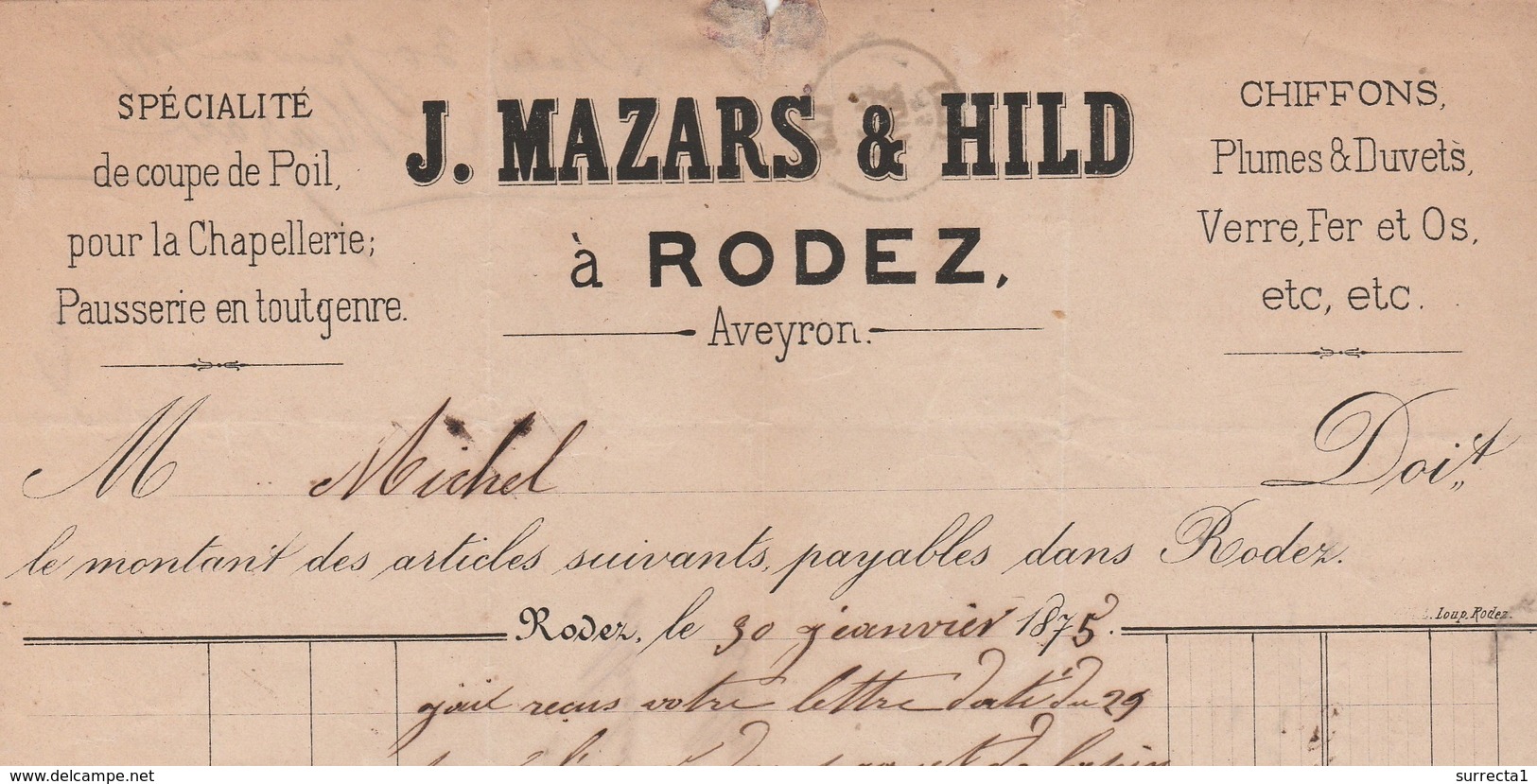 Facture 1875 / MAZARS HILD / Coupe De Poils Pour Chapellerie / Cachet Rodez GC 3180 / 09 Aveyron - 1800 – 1899