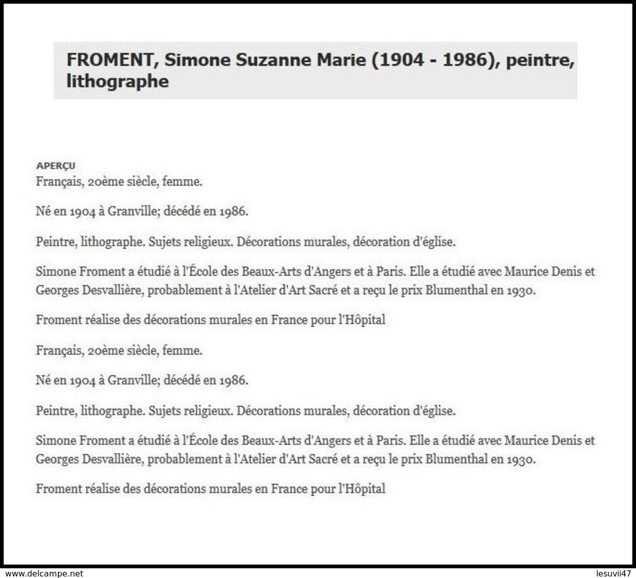 FROMENT, SIMONE, SUZANNE MARIE, PEINTRE & LITHOGRAPHE,(1904-1986) . - Other & Unclassified