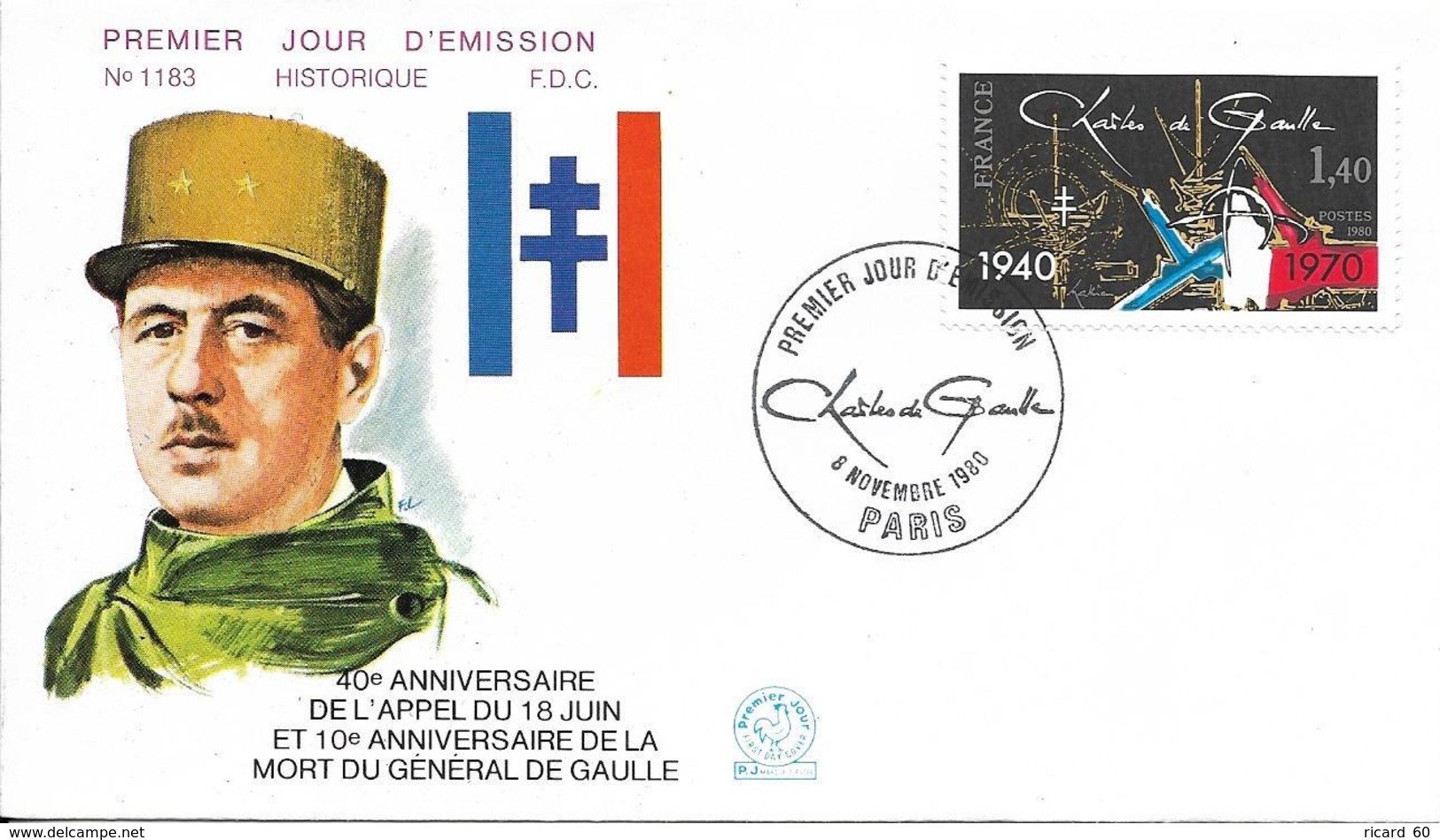 Env Fdc France N°2114 Paris, 8/11/80, Appel Du 18 Juin Du Général De Gaulle - 1980-1989