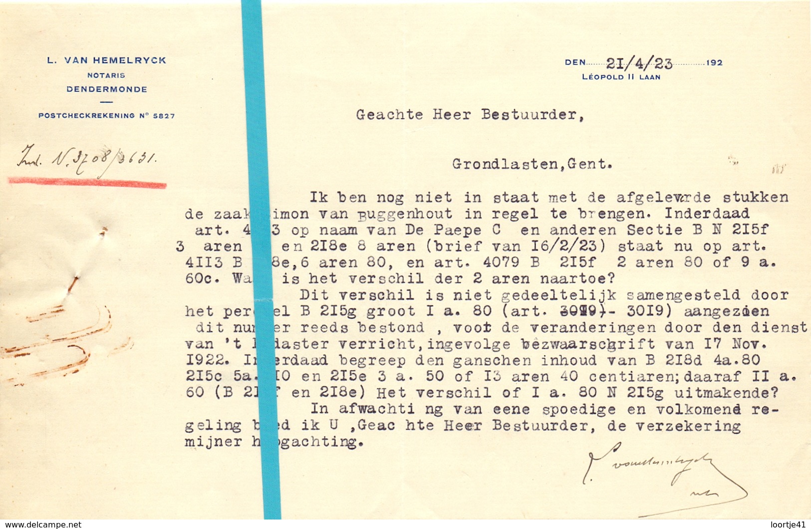 Brief Lettre - Notaris Van Hemelryck Dendermonde Naar Kadaster Gent - 1923 - Met Brief Antwoord - Non Classés