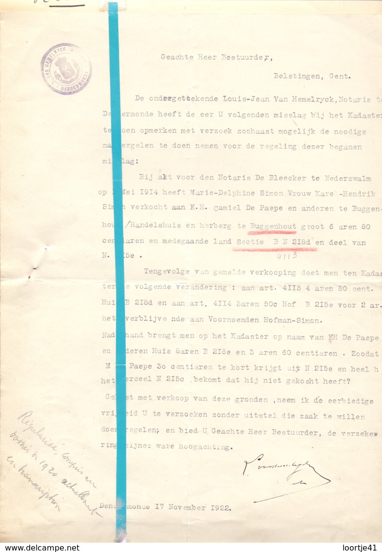 Brief Lettre - Notaris Van Hemelryck Dendermonde Naar Kadaster Gent - 1923 - Met Brief Antwoord - Non Classés