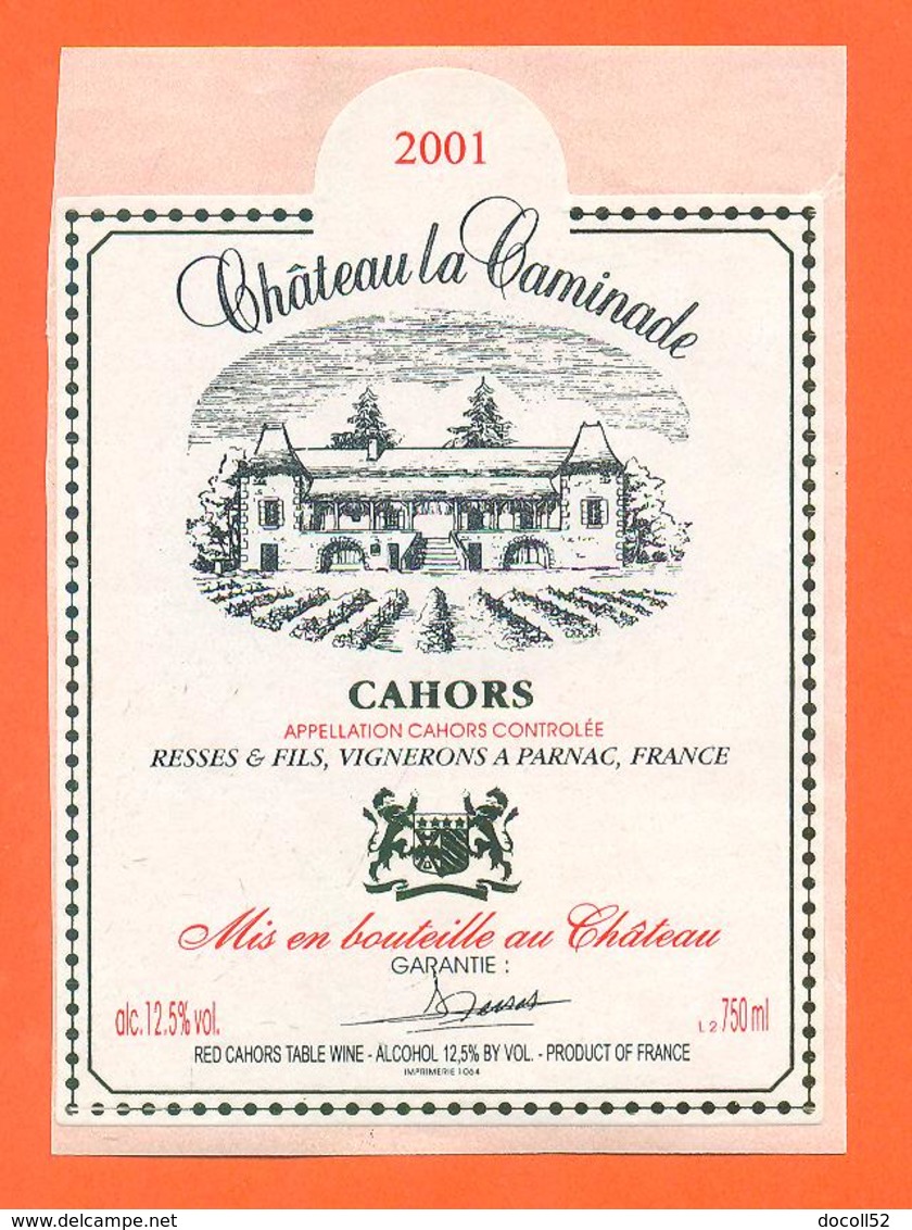 étiquette Autocollante Vin Cahors Chateau La Caminade 2001 Resses à Parnac - 75 Cl - Cahors