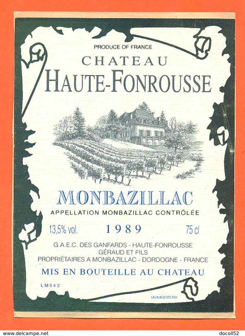 étiquette Autocollante Vin Monbazillac Chateau Haute Fonrousse 1989 Géraud à Monbazillac - 75 Cl - Monbazillac