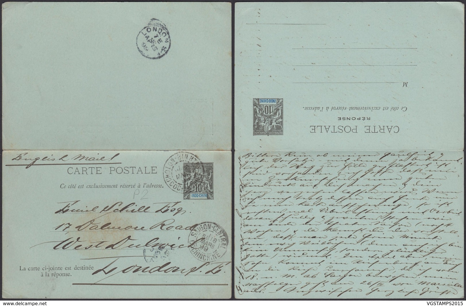 Colonies Françaises - Indochine E.P. Carte Postale Double N°2 De Saigon Central Vers Londres (6G18538) DC0817 - Lettres & Documents
