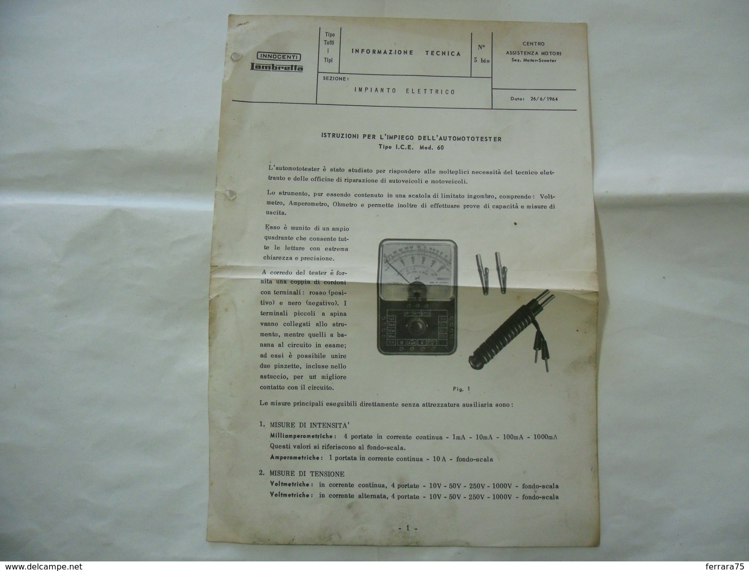 DEPLIANT SCHEDA TECNICA INNOCENTI LAMBRETTA AUTOMOTOTESTER - Medicina, Biologia, Chimica