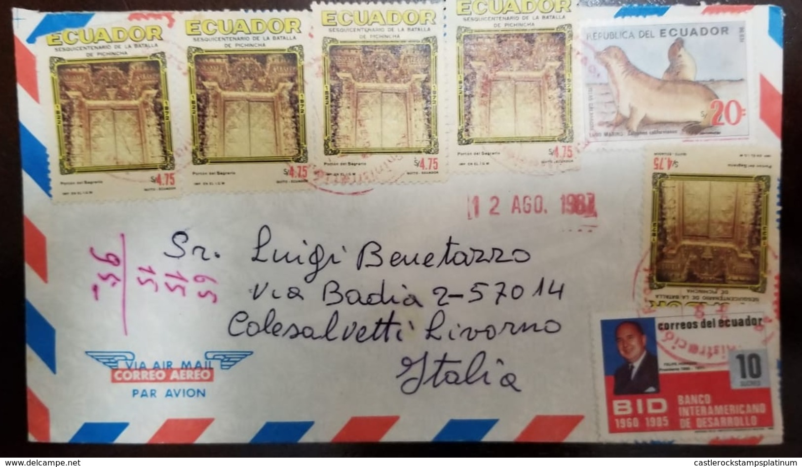 O) 1987 ECUADOR, CHAPEL DOOR SCT 868-SESQUICENTENNIAL OF THE BATTLE PICHINCHA, DISCOVERY OF THE GALAPAGOS-SEA LION SC 11 - Ecuador