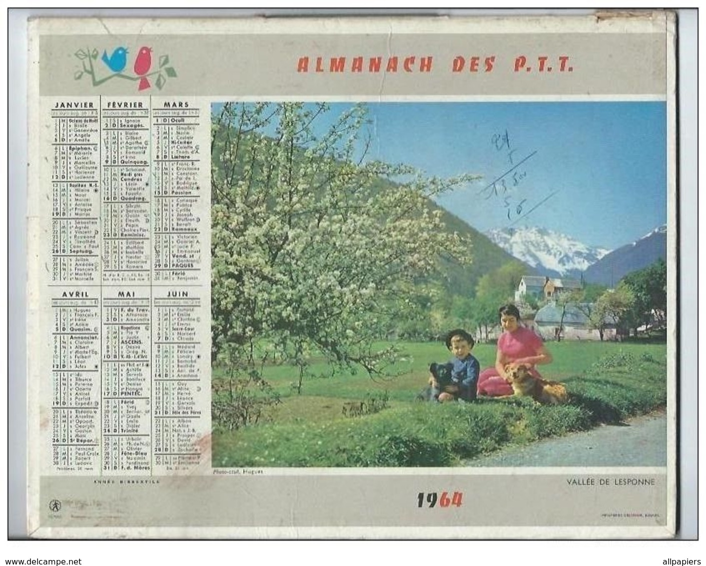 Calendrier Almanach Des P.T.T De 1964 Photo Vallée De Lesponne Et Villeneuve - Complet - Avec Année Bissextile - Petit Format : 1961-70