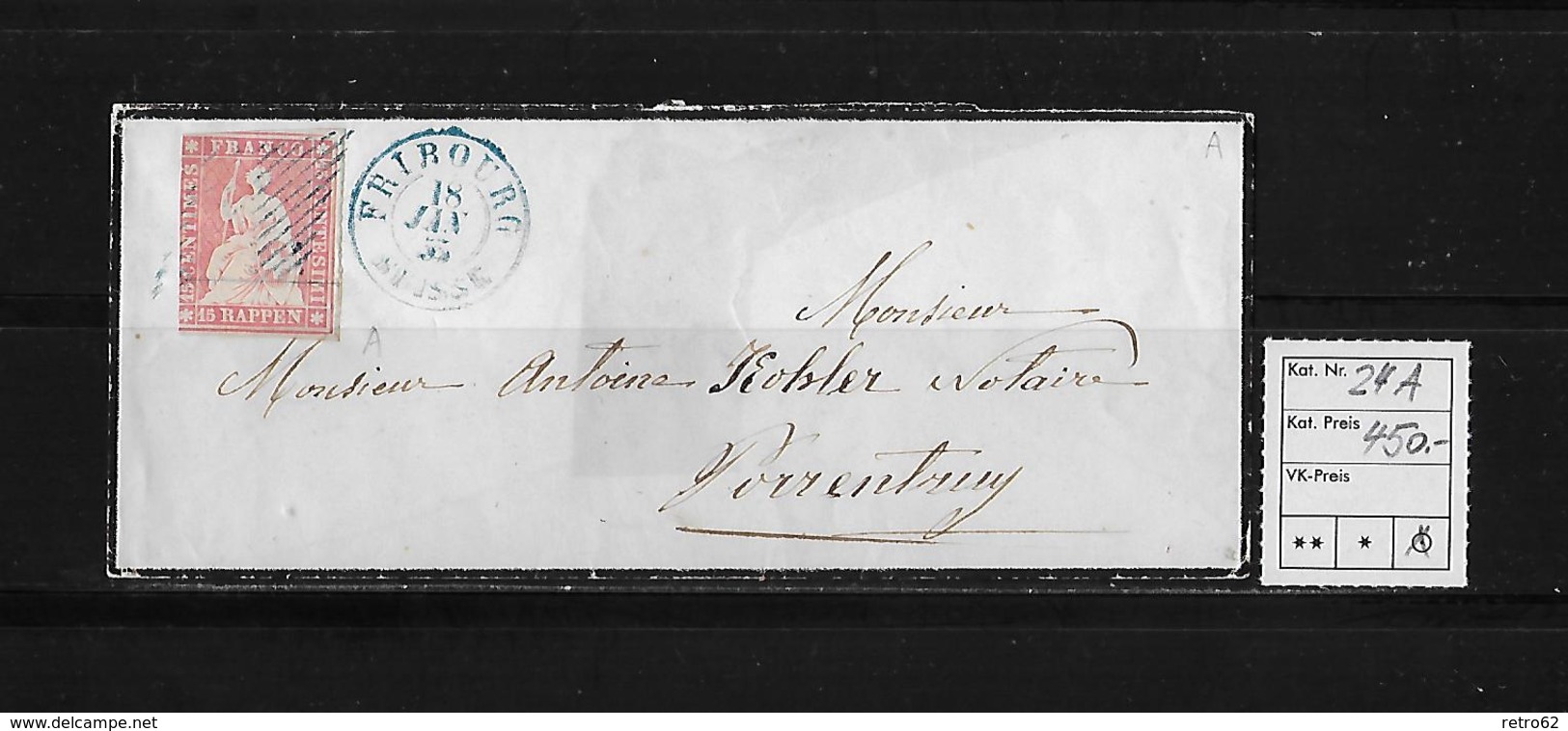 1854-1862 SITZENDE HELVETIA Ungezähnt (Strubel)  → SBK-24A / A3 FRIBOURG Nach Porrentruy - Lettres & Documents