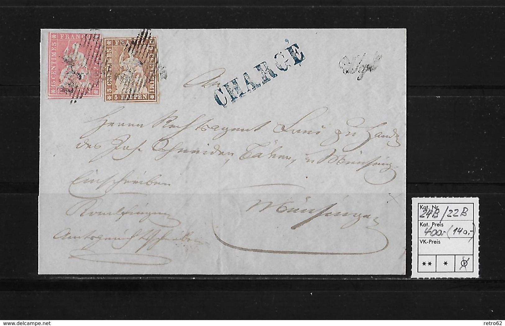 1854-1862 SITZENDE HELVETIA Ungezähnt (Strubel)  → Chargé Brief Stempel Wyl ►SBK-24B & 22B / B1◄ - Lettres & Documents