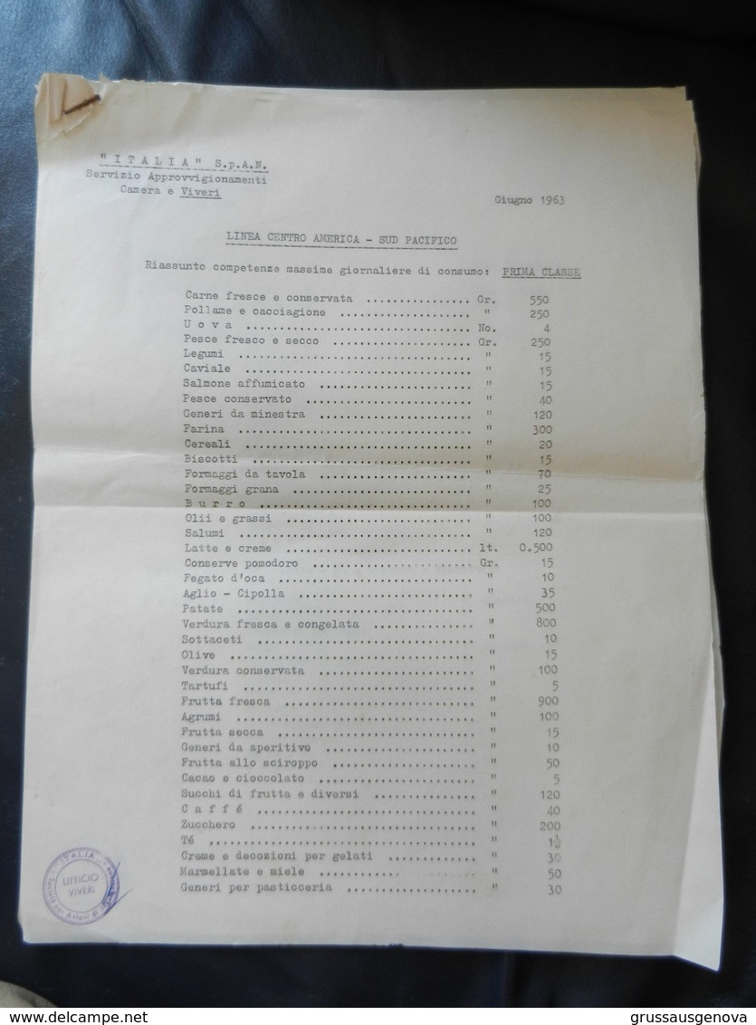 7) ITALIA NAVIGAZIONE SERVIZIO APPROVIGIONAMENTO VIVERI PRIMA CLASSE E TURISTICA GENOVA 1963 GIUGNO PIEGATA A META' - TO - Altri & Non Classificati